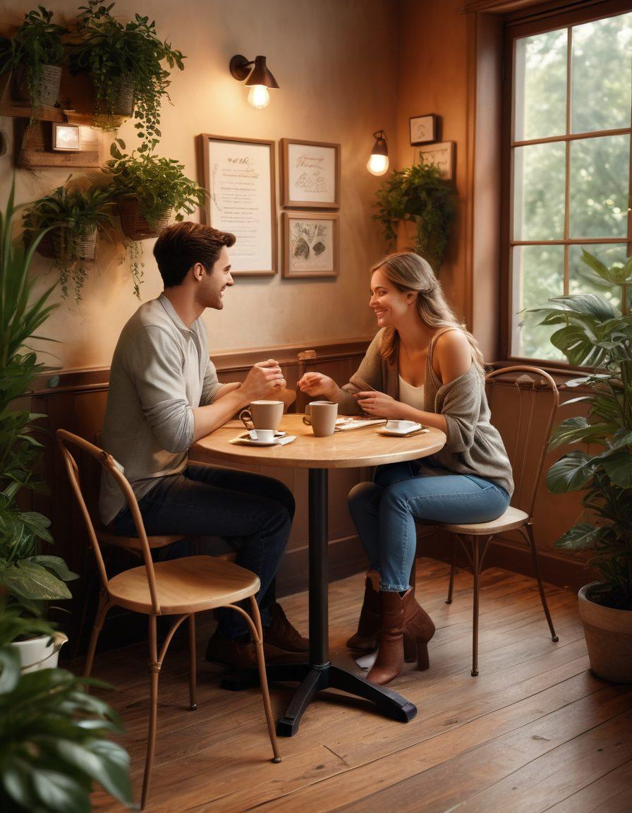 A cozy, intimate setting featuring a couple sharing a heartfelt conversation over coffee in a softly lit café, surrounded by beautiful plants and warm decor. The background should highlight cute love notes and soft lighting to represent connection and romance. Add subtle details of a heart-shaped décor and intertwined hands on the table. super-realistic. warm tones. cozy atmosphere.