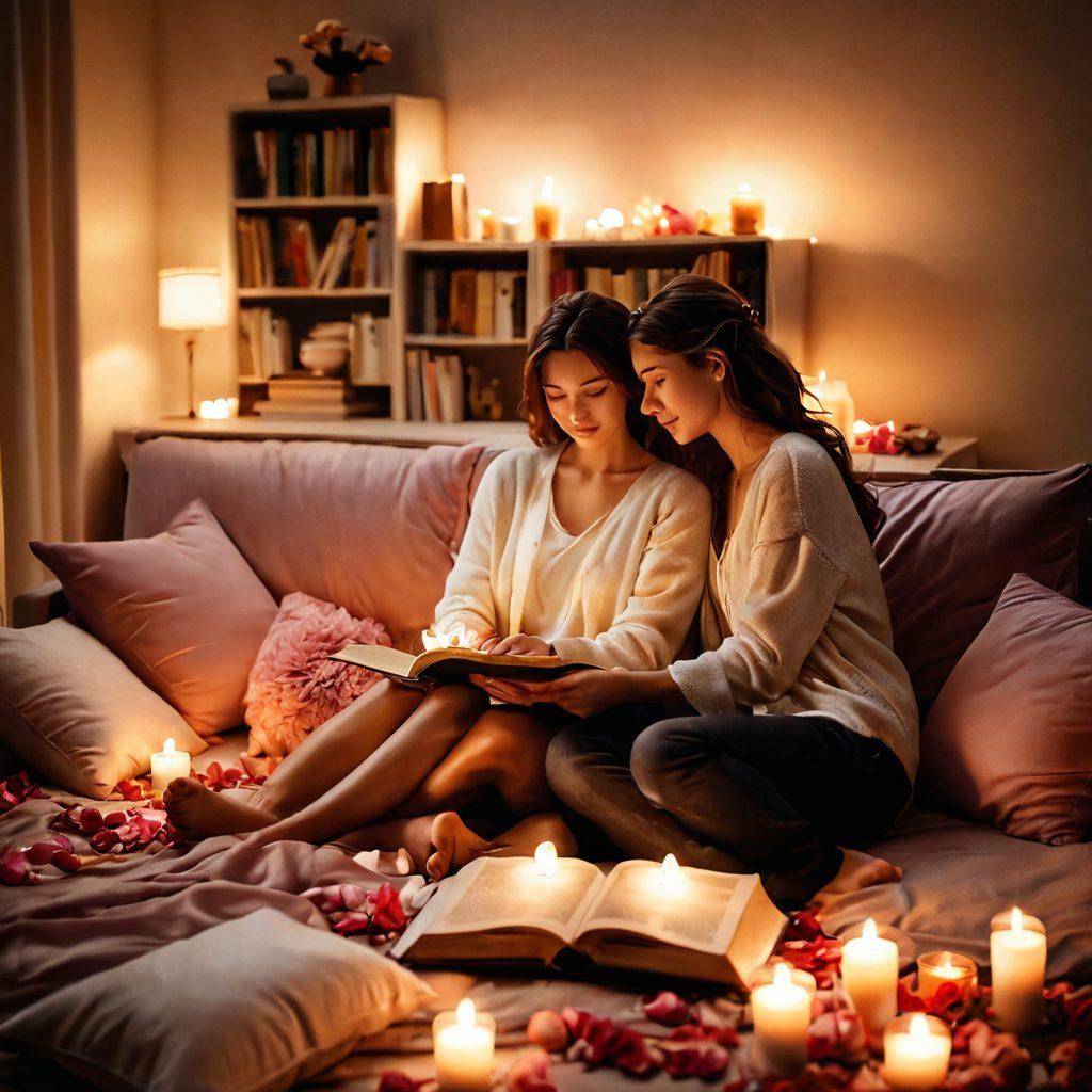 A warmly lit, intimate setting showcasing a couple sharing a tender moment, surrounded by soft rose petals and flickering candles. The background features a cozy living room with books and plush cushions, symbolizing comfort and connection. Subtle elements representing passion and communication, like intertwined hands and deep eye contact, are included. Emphasize a romantic and warm color palette to evoke emotions. super-realistic. warm hues. cozy atmosphere.