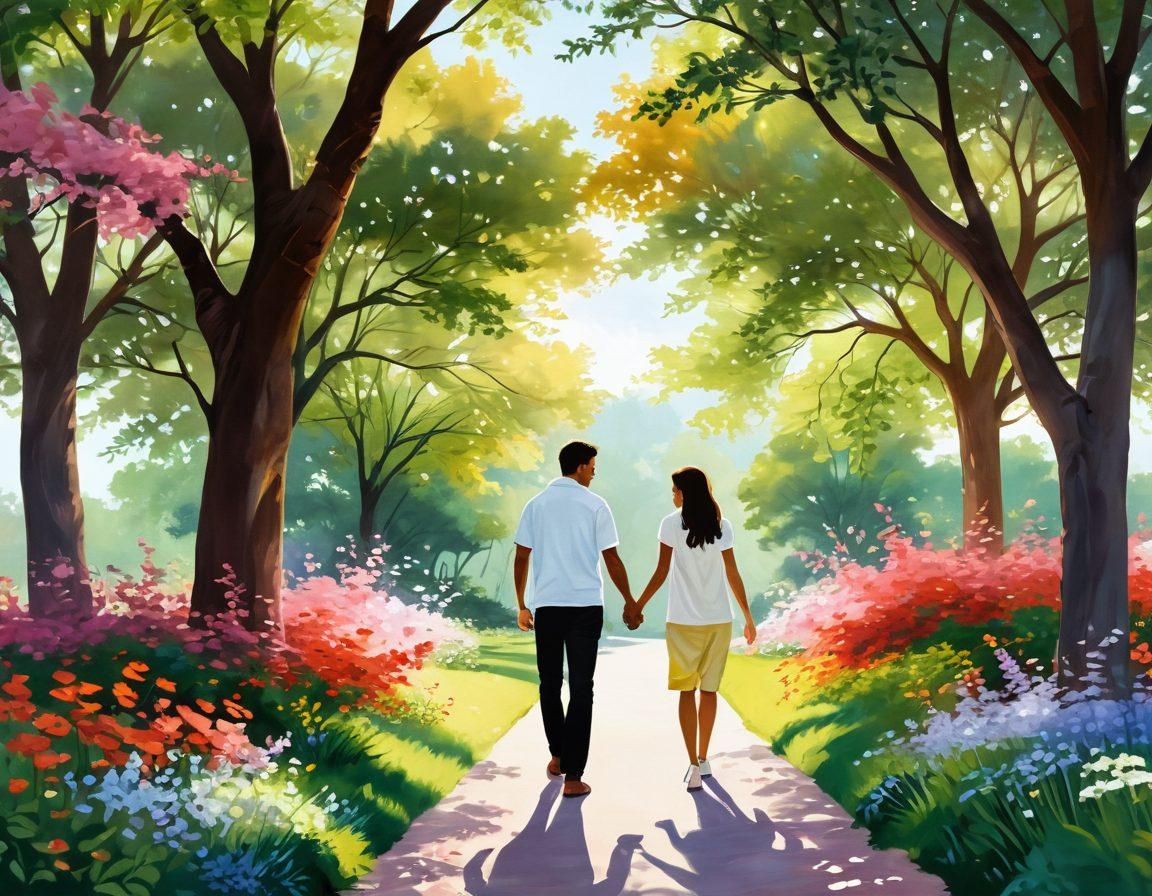 A serene scene depicting a couple walking hand-in-hand through a lush, tranquil park, surrounded by blooming flowers and soft sunlight filtering through the trees. Include heart-shaped elements subtly integrated into nature, like leaves and clouds. The couple is laughing and sharing a moment of joy, symbolizing lasting love. Use soft, warm tones and gentle details to evoke a sense of romance and connection. painting. vibrant colors.